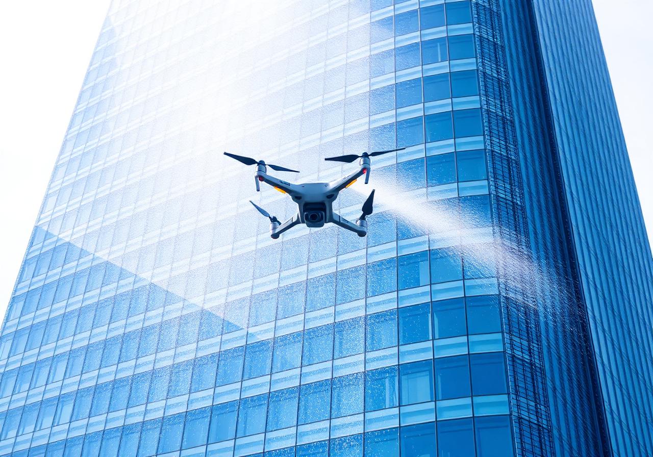 Drone cleaning a commercial office building facade