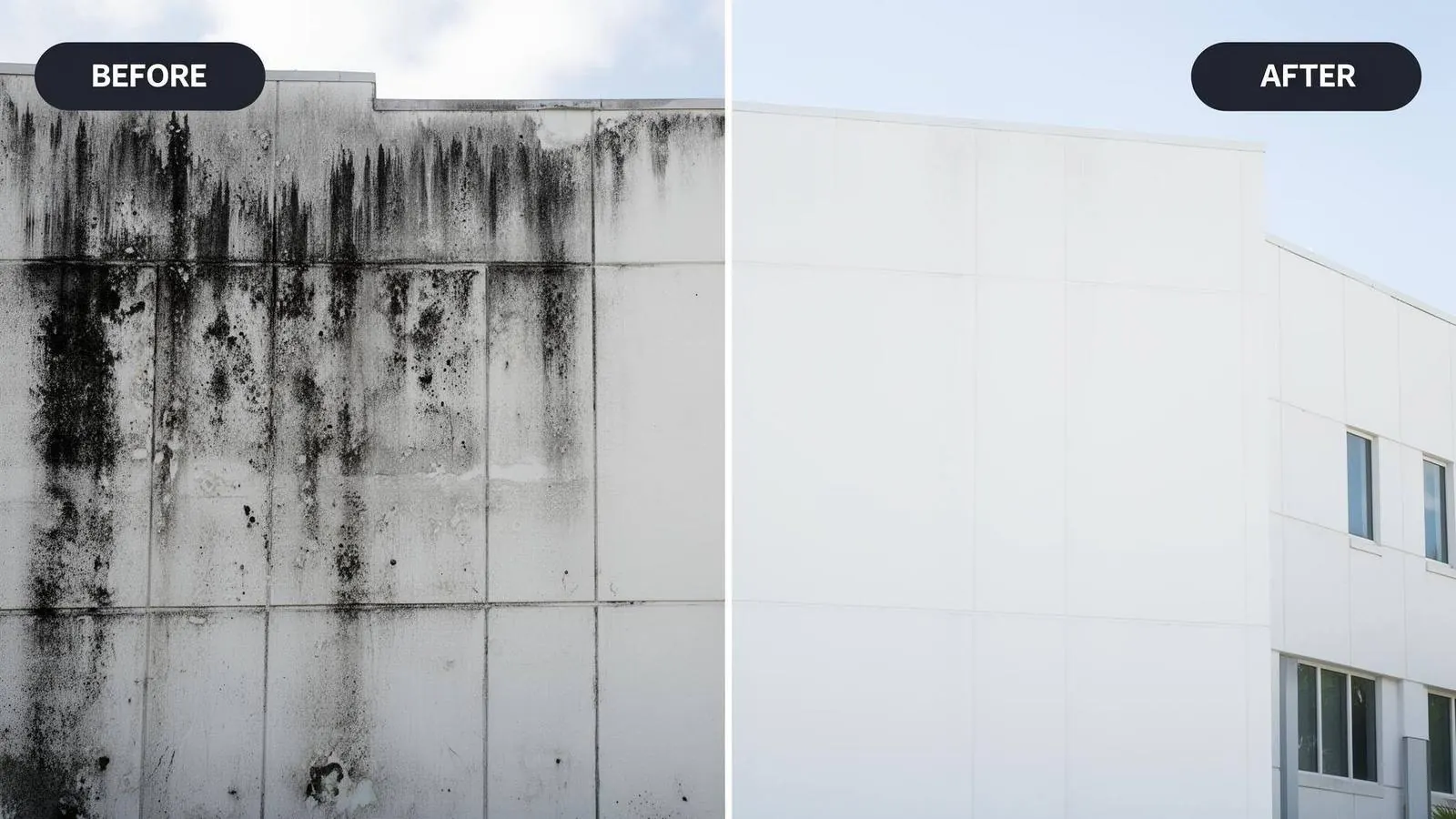 Tethered cleaning drone soft-washing the upper floors of a commercial building facade