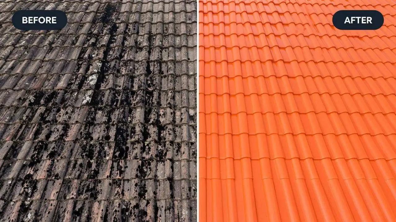 Tethered cleaning drone soft-washing a tile roof from a staging position on the ground