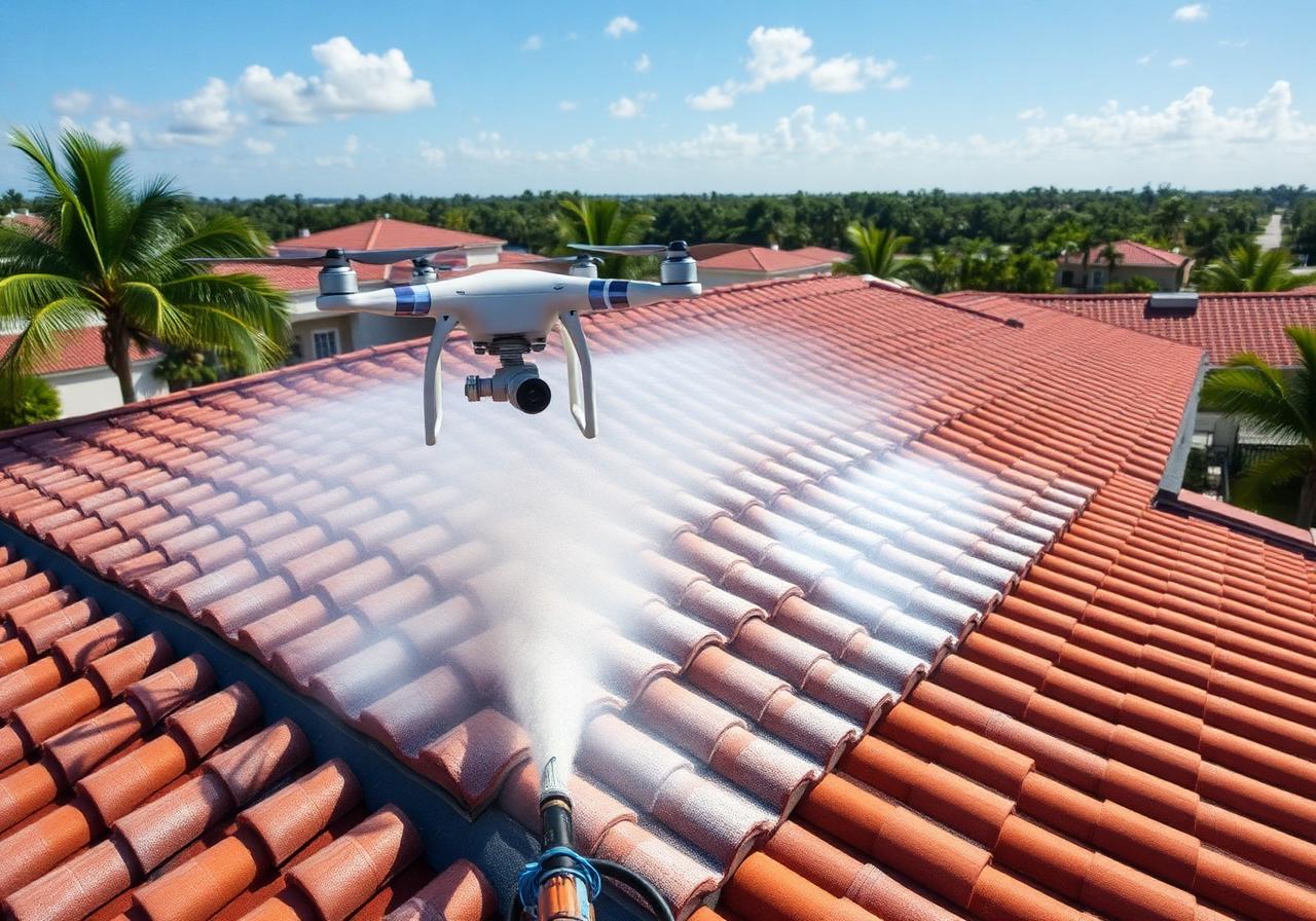 Drone soft-washing a tile roof in South Florida
