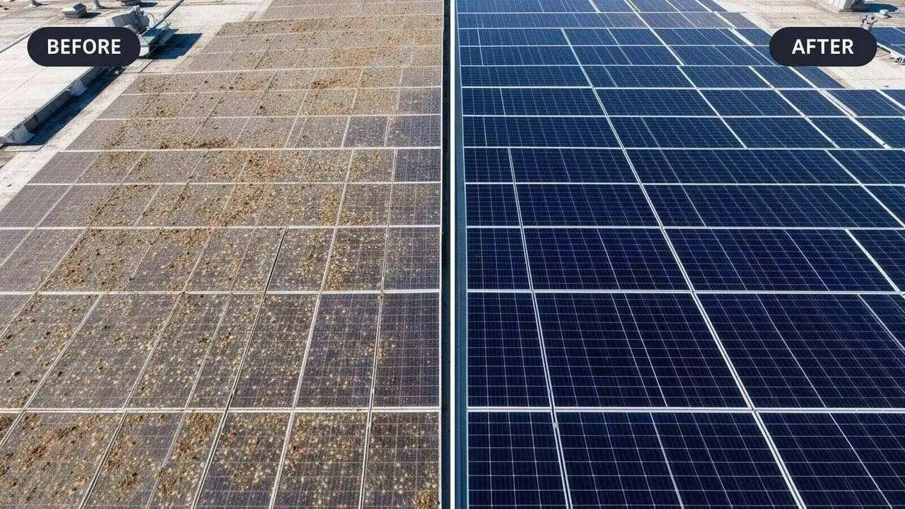 Tethered cleaning drone rinsing a rooftop solar array with a low-pressure pure-water pass