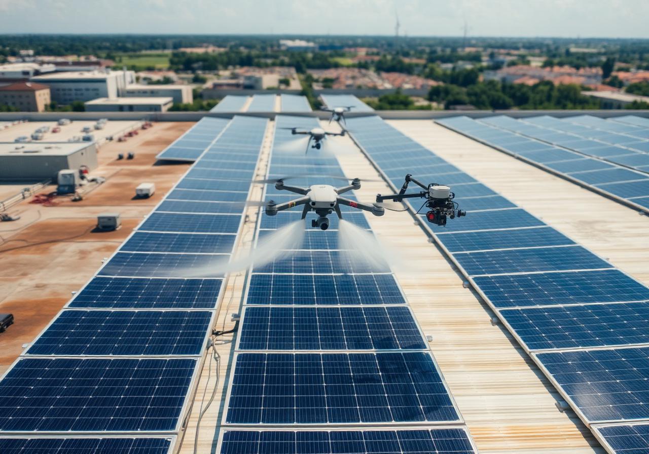 Drone cleaning a commercial solar panel array