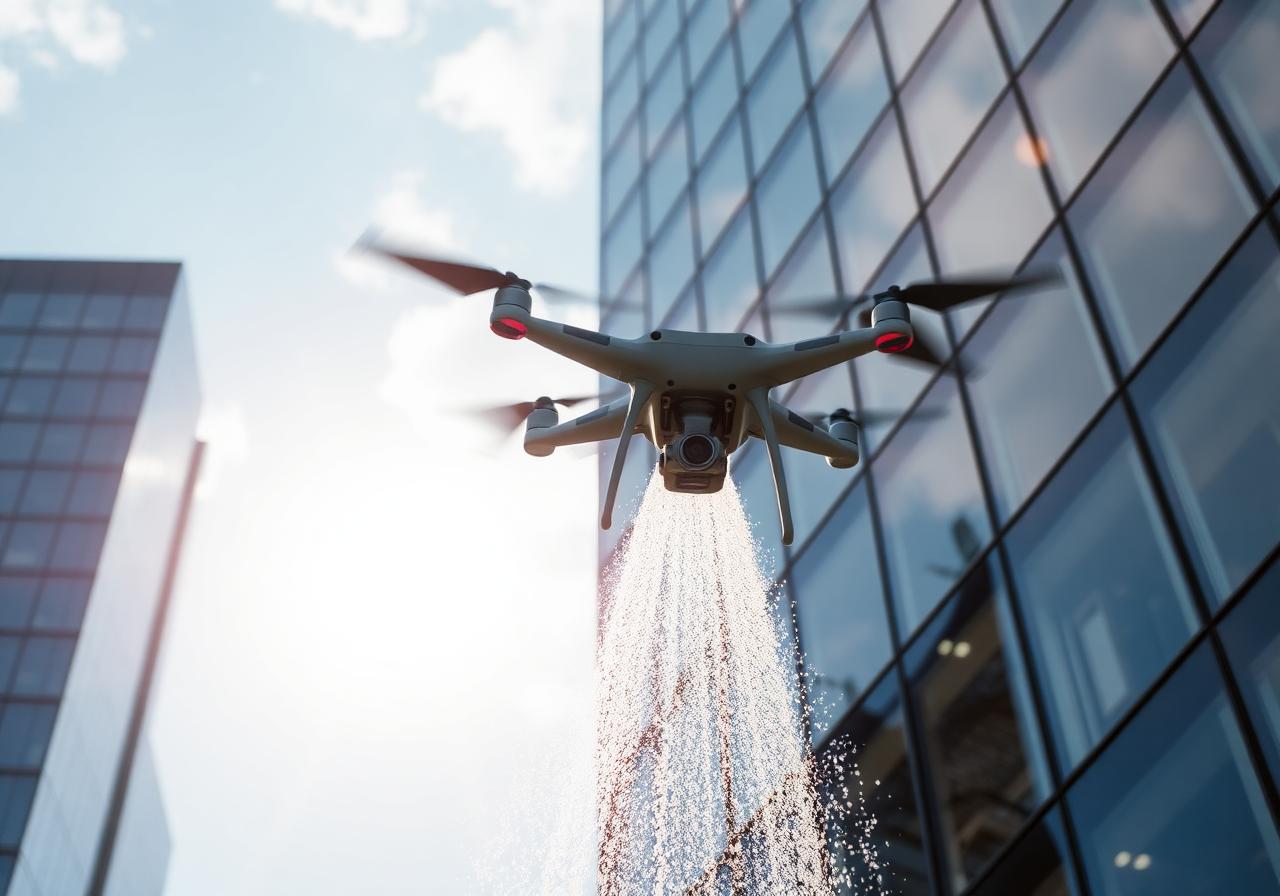 Drone cleaning high-rise glass windows