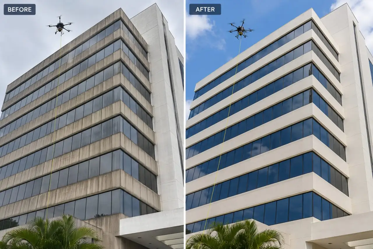 Before and after comparison of high-rise glass cleaned by a tethered drone with a pure-water rinse